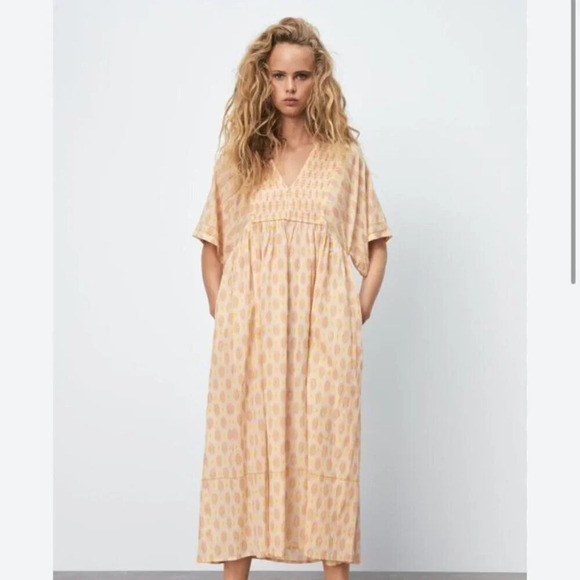 Zara Oversized V Neck Kaftan Midi Dress NWT Yellow Pink Size XS - Picture 2 of 8